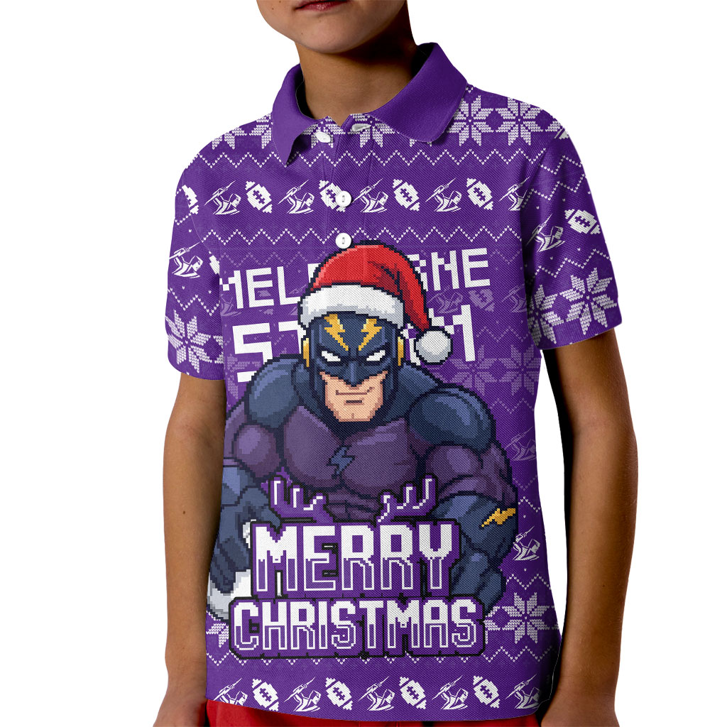 Personalized Melbourne Storm Christmas Kid Polo Shirt Australian Rugby Fans - Pixelated Ugly Xmas Pattern Mascot Santa
