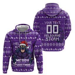 Personalized Melbourne Storm Christmas Hoodie Australian Rugby Fans - Pixelated Ugly Xmas Pattern Mascot Santa