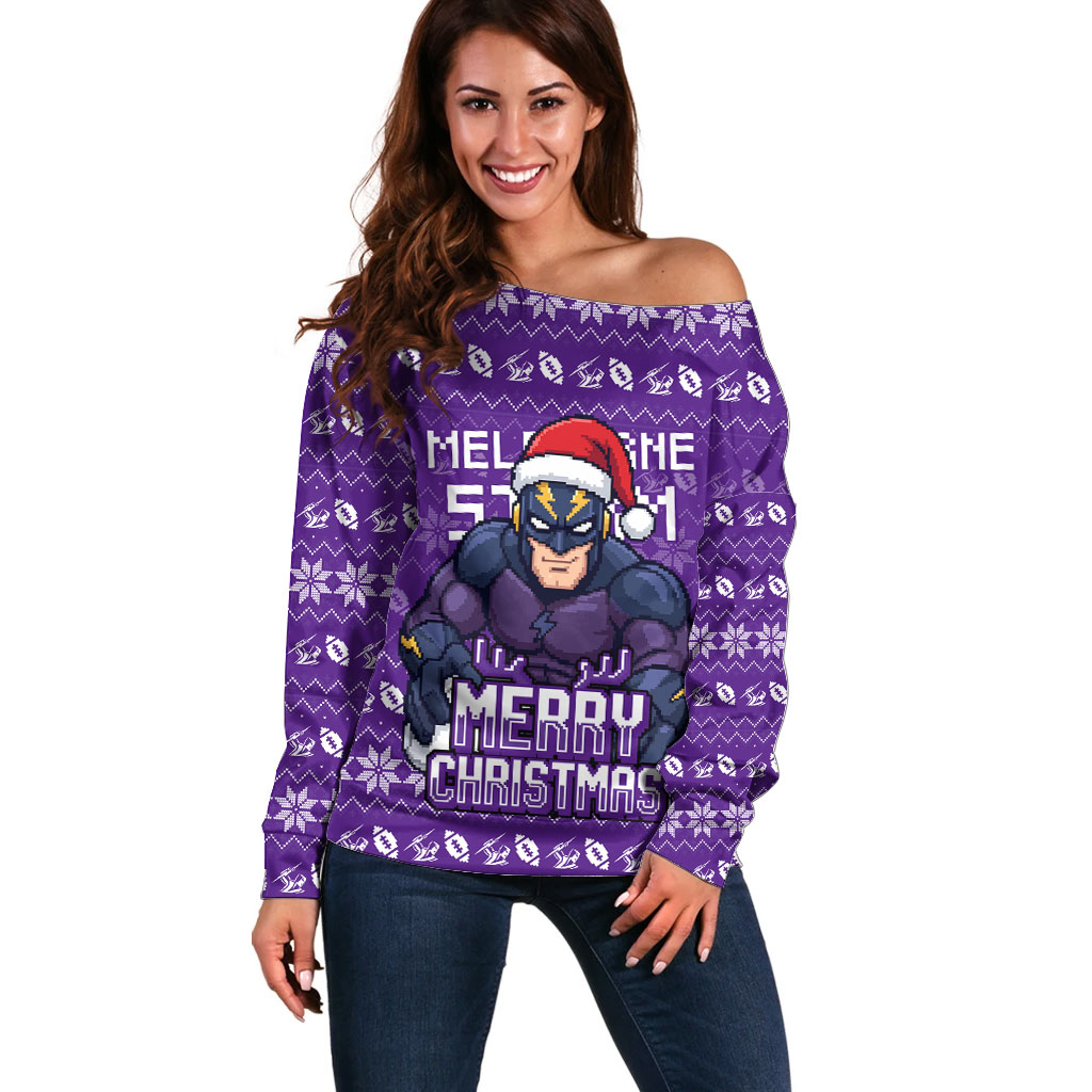 Personalized Melbourne Storm Christmas Off Shoulder Sweater Australian Rugby Fans - Pixelated Ugly Xmas Pattern Mascot Santa