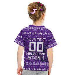 Personalized Melbourne Storm Christmas Kid T Shirt Australian Rugby Fans - Pixelated Ugly Xmas Pattern Mascot Santa