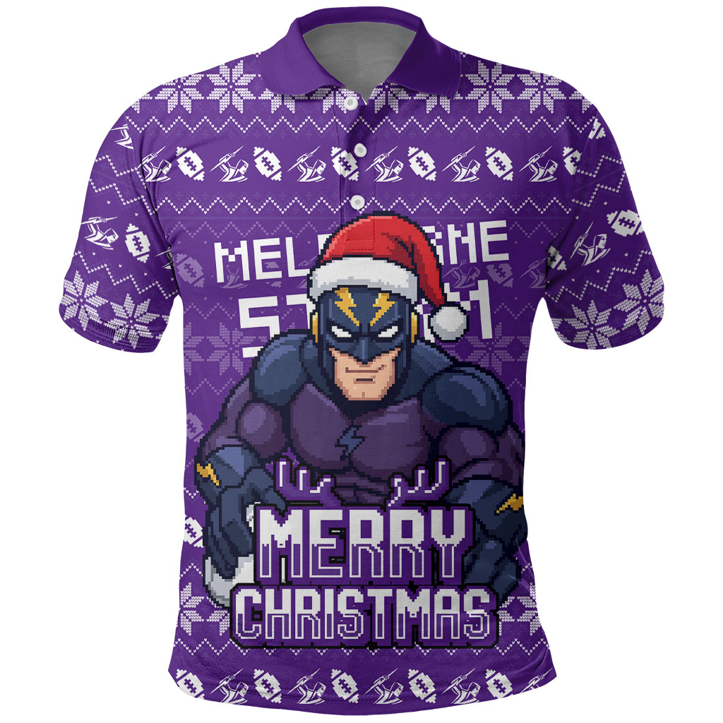 Personalized Melbourne Storm Christmas Polo Shirt Australian Rugby Fans - Pixelated Ugly Xmas Pattern Mascot Santa