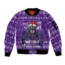 Personalized Melbourne Storm Christmas Sleeve Zip Bomber Jacket Australian Rugby Fans - Pixelated Ugly Xmas Pattern Mascot Santa