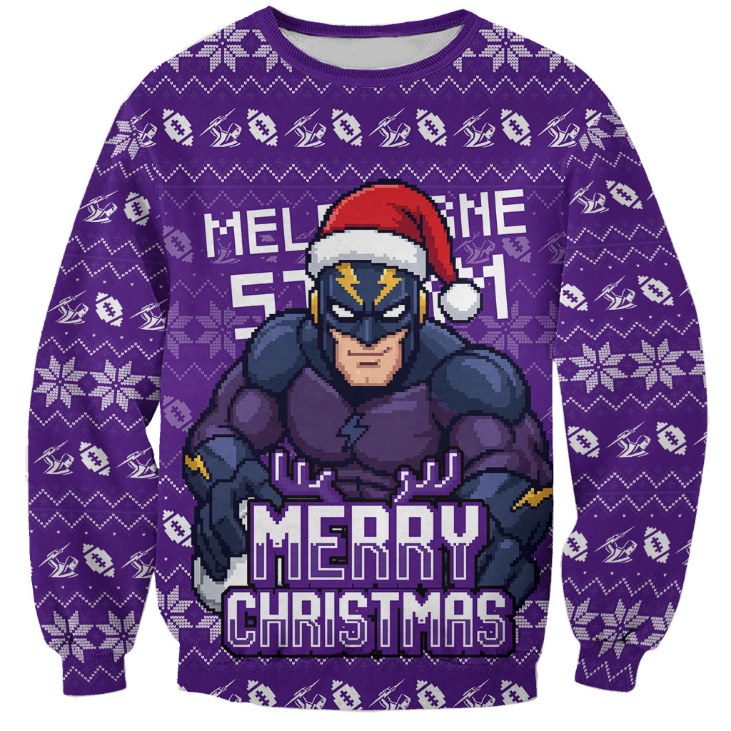 Personalized Melbourne Storm Christmas Sweatshirt Australian Rugby Fans - Pixelated Ugly Xmas Pattern Mascot Santa