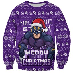 Personalized Melbourne Storm Christmas Sweatshirt Australian Rugby Fans - Pixelated Ugly Xmas Pattern Mascot Santa