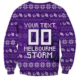 Personalized Melbourne Storm Christmas Sweatshirt Australian Rugby Fans - Pixelated Ugly Xmas Pattern Mascot Santa