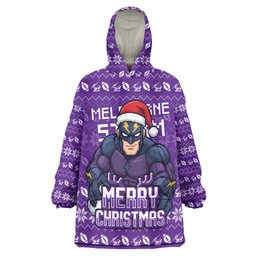Personalized Melbourne Storm Christmas Wearable Blanket Hoodie Australian Rugby Fans - Pixelated Ugly Xmas Pattern Mascot Santa