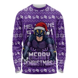 Personalized Melbourne Storm Christmas Long Sleeve Shirt Australian Rugby Fans - Pixelated Ugly Xmas Pattern Mascot Santa