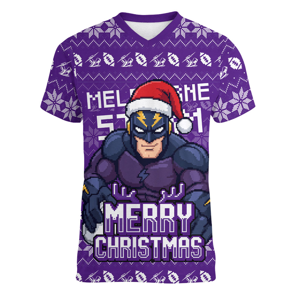 Personalized Melbourne Storm Christmas Women V-Neck T-Shirt Australian Rugby Fans - Pixelated Ugly Xmas Pattern Mascot Santa