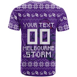 Personalized Melbourne Storm Christmas T Shirt Australian Rugby Fans - Pixelated Ugly Xmas Pattern Mascot Santa