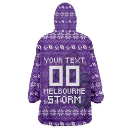 Personalized Melbourne Storm Christmas Wearable Blanket Hoodie Australian Rugby Fans - Pixelated Ugly Xmas Pattern Mascot Santa