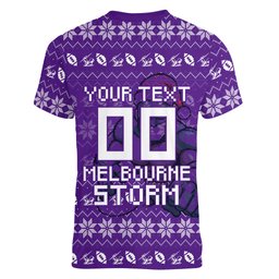 Personalized Melbourne Storm Christmas Women V-Neck T-Shirt Australian Rugby Fans - Pixelated Ugly Xmas Pattern Mascot Santa