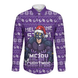 Personalized Melbourne Storm Christmas Long Sleeve Button Shirt Australian Rugby Fans - Pixelated Ugly Xmas Pattern Mascot Santa