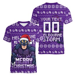 Personalized Melbourne Storm Christmas Women V-Neck T-Shirt Australian Rugby Fans - Pixelated Ugly Xmas Pattern Mascot Santa
