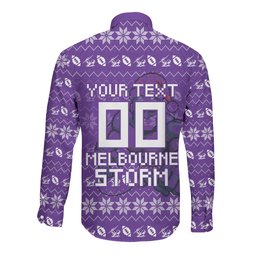 Personalized Melbourne Storm Christmas Long Sleeve Button Shirt Australian Rugby Fans - Pixelated Ugly Xmas Pattern Mascot Santa