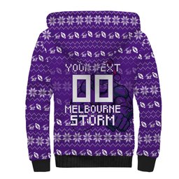 Personalized Melbourne Storm Christmas Sherpa Hoodie Australian Rugby Fans - Pixelated Ugly Xmas Pattern Mascot Santa