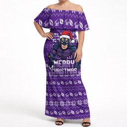 Personalized Melbourne Storm Christmas Off Shoulder Maxi Dress Australian Rugby Fans - Pixelated Ugly Xmas Pattern Mascot Santa
