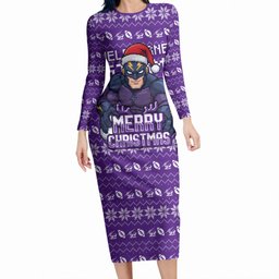 Personalized Melbourne Storm Christmas Long Sleeve Bodycon Dress Australian Rugby Fans - Pixelated Ugly Xmas Pattern Mascot Santa