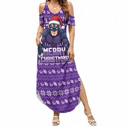 Personalized Melbourne Storm Christmas Summer Maxi Dress Australian Rugby Fans - Pixelated Ugly Xmas Pattern Mascot Santa