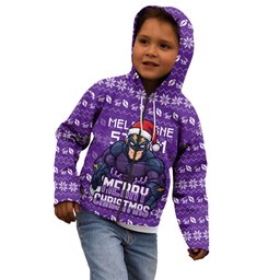 Personalized Melbourne Storm Christmas Kid Hoodie Australian Rugby Fans - Pixelated Ugly Xmas Pattern Mascot Santa