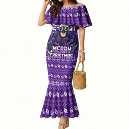 Personalized Melbourne Storm Christmas Mermaid Dress Australian Rugby Fans - Pixelated Ugly Xmas Pattern Mascot Santa