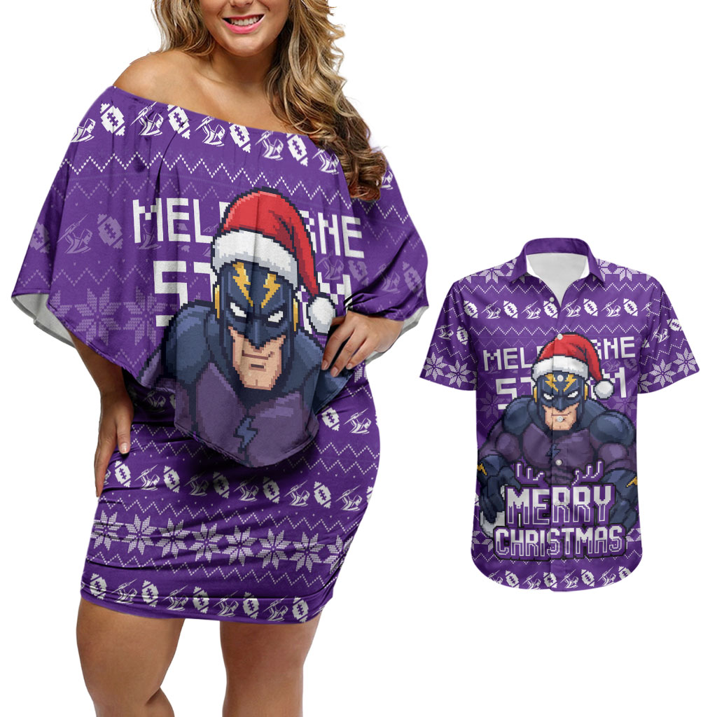 Personalized Melbourne Storm Christmas Couples Matching Off Shoulder Short Dress and Hawaiian Shirt Australian Rugby Fans - Pixelated Ugly Xmas Pattern Mascot Santa