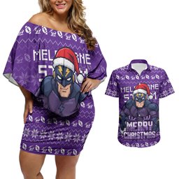 Personalized Melbourne Storm Christmas Couples Matching Off Shoulder Short Dress and Hawaiian Shirt Australian Rugby Fans - Pixelated Ugly Xmas Pattern Mascot Santa