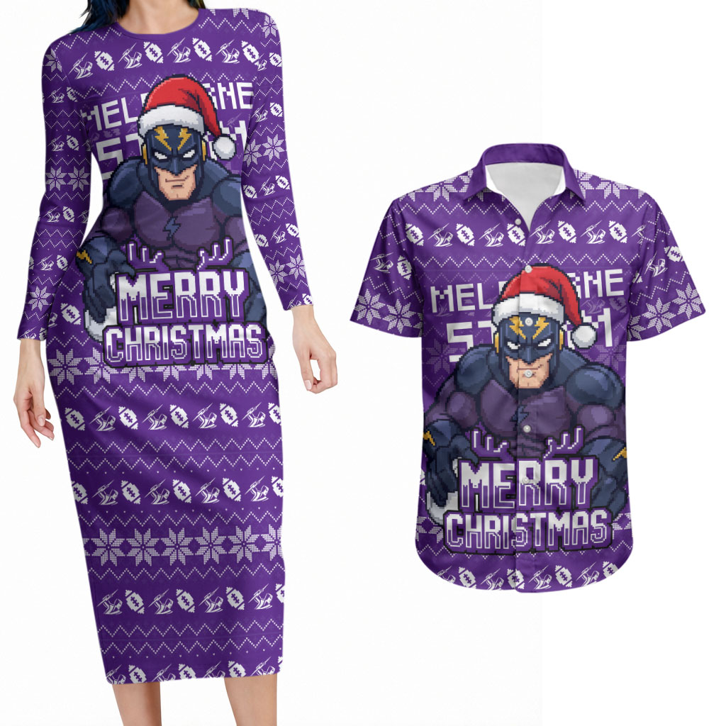 Personalized Melbourne Storm Christmas Couples Matching Long Sleeve Bodycon Dress and Hawaiian Shirt Australian Rugby Fans - Pixelated Ugly Xmas Pattern Mascot Santa