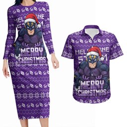 Personalized Melbourne Storm Christmas Couples Matching Long Sleeve Bodycon Dress and Hawaiian Shirt Australian Rugby Fans - Pixelated Ugly Xmas Pattern Mascot Santa