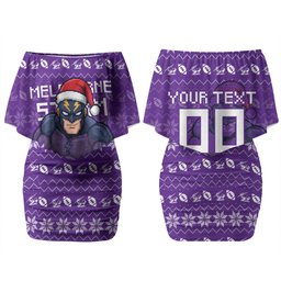 Personalized Melbourne Storm Christmas Couples Matching Off Shoulder Short Dress and Hawaiian Shirt Australian Rugby Fans - Pixelated Ugly Xmas Pattern Mascot Santa