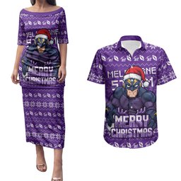 Personalized Melbourne Storm Christmas Couples Matching Puletasi and Hawaiian Shirt Australian Rugby Fans - Pixelated Ugly Xmas Pattern Mascot Santa