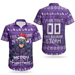 Personalized Melbourne Storm Christmas Couples Matching Off Shoulder Maxi Dress and Hawaiian Shirt Australian Rugby Fans - Pixelated Ugly Xmas Pattern Mascot Santa