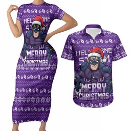 Personalized Melbourne Storm Christmas Couples Matching Short Sleeve Bodycon Dress and Hawaiian Shirt Australian Rugby Fans - Pixelated Ugly Xmas Pattern Mascot Santa