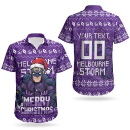 Personalized Melbourne Storm Christmas Couples Matching Off Shoulder Short Dress and Hawaiian Shirt Australian Rugby Fans - Pixelated Ugly Xmas Pattern Mascot Santa