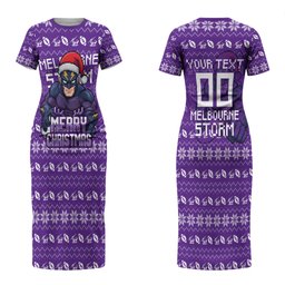 Personalized Melbourne Storm Christmas Couples Matching Short Sleeve Bodycon Dress and Hawaiian Shirt Australian Rugby Fans - Pixelated Ugly Xmas Pattern Mascot Santa