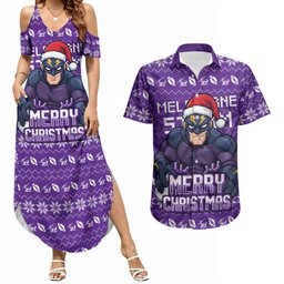 Personalized Melbourne Storm Christmas Couples Matching Summer Maxi Dress and Hawaiian Shirt Australian Rugby Fans - Pixelated Ugly Xmas Pattern Mascot Santa
