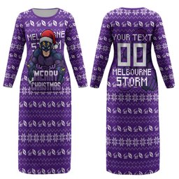 Personalized Melbourne Storm Christmas Couples Matching Long Sleeve Bodycon Dress and Hawaiian Shirt Australian Rugby Fans - Pixelated Ugly Xmas Pattern Mascot Santa