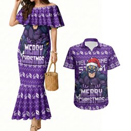 Personalized Melbourne Storm Christmas Couples Matching Mermaid Dress and Hawaiian Shirt Australian Rugby Fans - Pixelated Ugly Xmas Pattern Mascot Santa
