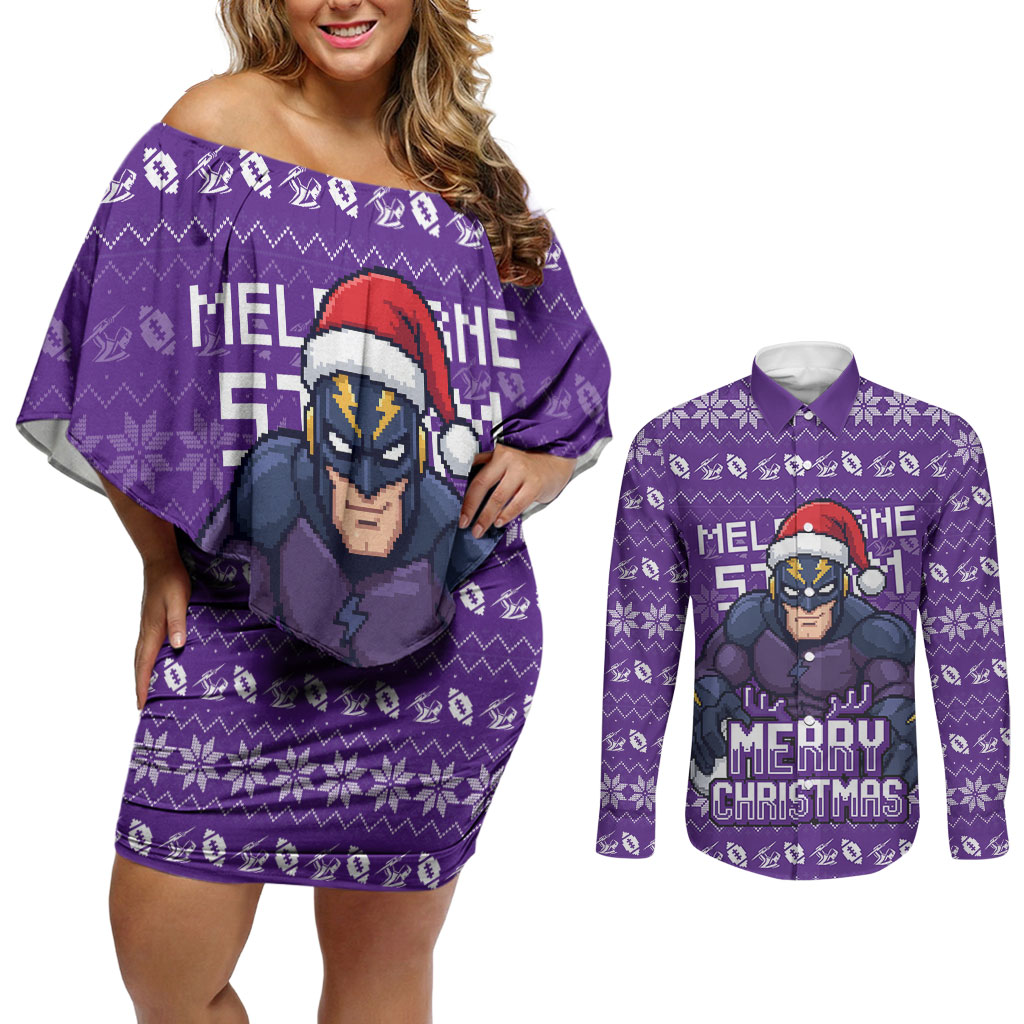 Personalized Melbourne Storm Christmas Couples Matching Off Shoulder Short Dress and Long Sleeve Button Shirt Australian Rugby Fans - Pixelated Ugly Xmas Pattern Mascot Santa