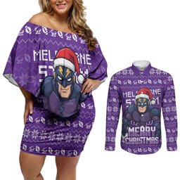 Personalized Melbourne Storm Christmas Couples Matching Off Shoulder Short Dress and Long Sleeve Button Shirt Australian Rugby Fans - Pixelated Ugly Xmas Pattern Mascot Santa