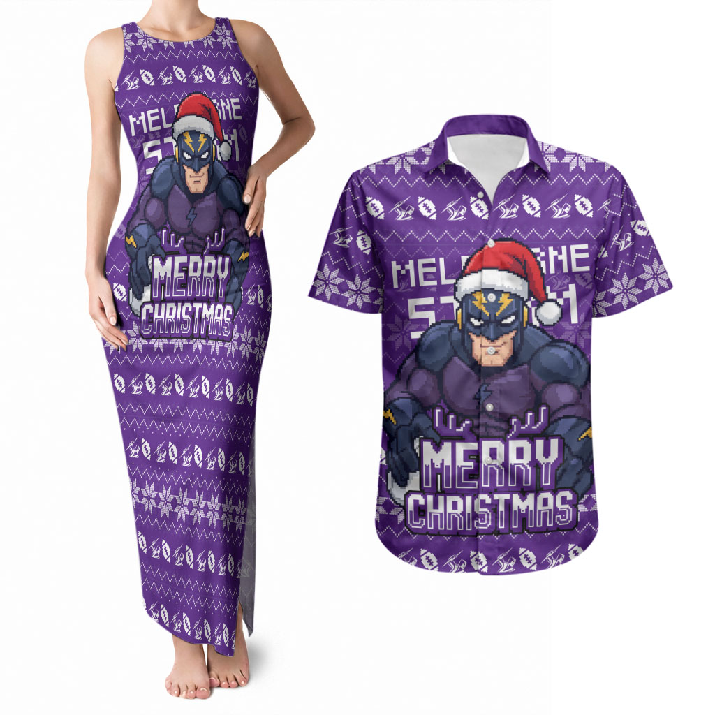 Personalized Melbourne Storm Christmas Couples Matching Tank Maxi Dress and Hawaiian Shirt Australian Rugby Fans - Pixelated Ugly Xmas Pattern Mascot Santa