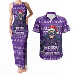 Personalized Melbourne Storm Christmas Couples Matching Tank Maxi Dress and Hawaiian Shirt Australian Rugby Fans - Pixelated Ugly Xmas Pattern Mascot Santa