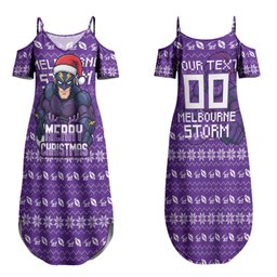 Personalized Melbourne Storm Christmas Couples Matching Summer Maxi Dress and Hawaiian Shirt Australian Rugby Fans - Pixelated Ugly Xmas Pattern Mascot Santa