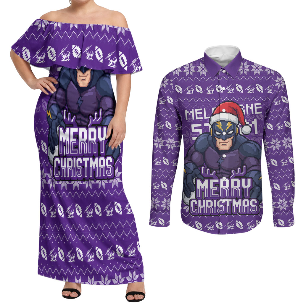 Personalized Melbourne Storm Christmas Couples Matching Off Shoulder Maxi Dress and Long Sleeve Button Shirt Australian Rugby Fans - Pixelated Ugly Xmas Pattern Mascot Santa