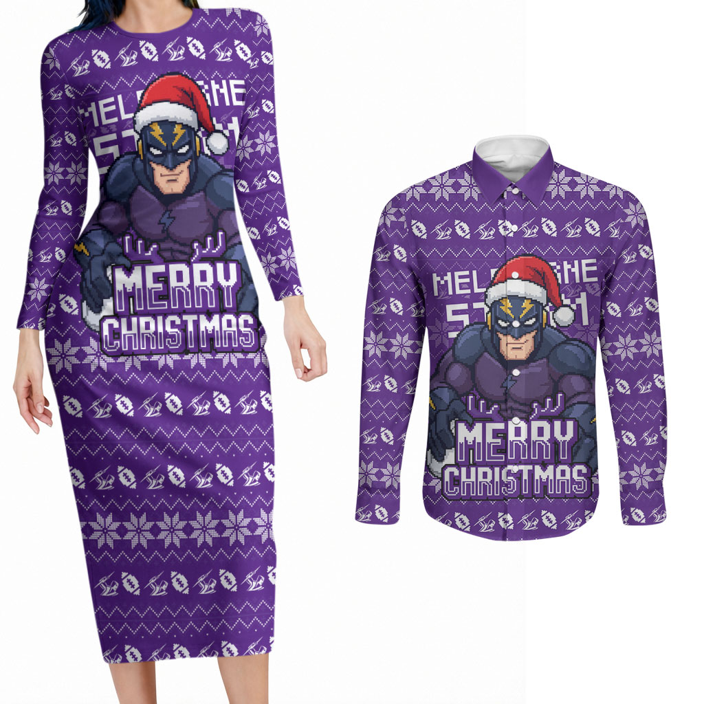 Personalized Melbourne Storm Christmas Couples Matching Long Sleeve Bodycon Dress and Long Sleeve Button Shirt Australian Rugby Fans - Pixelated Ugly Xmas Pattern Mascot Santa