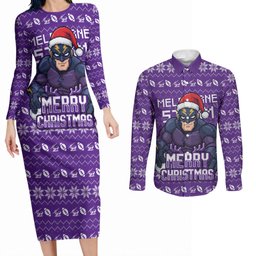 Personalized Melbourne Storm Christmas Couples Matching Long Sleeve Bodycon Dress and Long Sleeve Button Shirt Australian Rugby Fans - Pixelated Ugly Xmas Pattern Mascot Santa