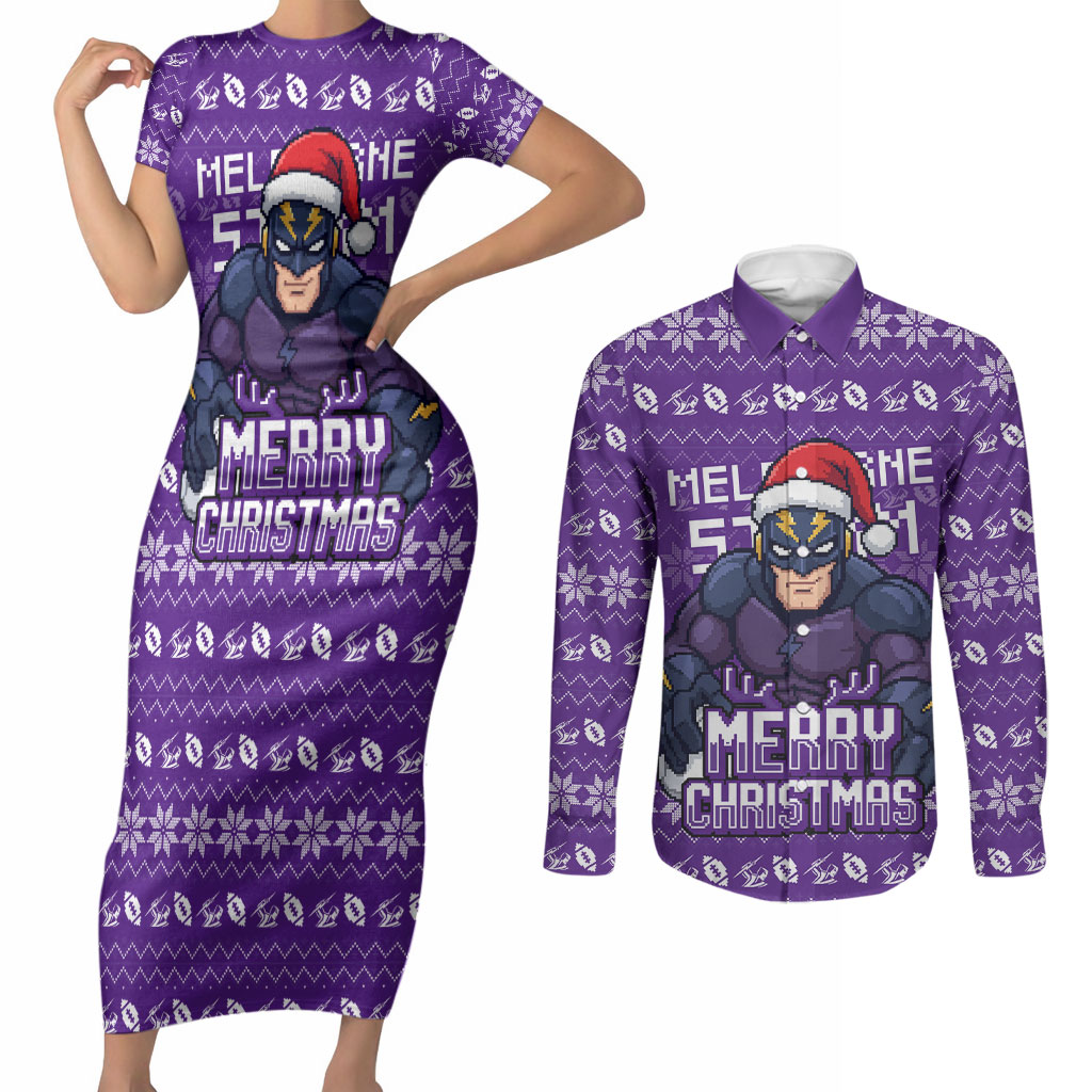 Personalized Melbourne Storm Christmas Couples Matching Short Sleeve Bodycon Dress and Long Sleeve Button Shirt Australian Rugby Fans - Pixelated Ugly Xmas Pattern Mascot Santa