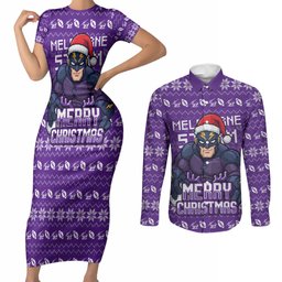 Personalized Melbourne Storm Christmas Couples Matching Short Sleeve Bodycon Dress and Long Sleeve Button Shirt Australian Rugby Fans - Pixelated Ugly Xmas Pattern Mascot Santa