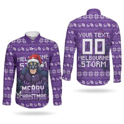 Personalized Melbourne Storm Christmas Couples Matching Summer Maxi Dress and Long Sleeve Button Shirt Australian Rugby Fans - Pixelated Ugly Xmas Pattern Mascot Santa