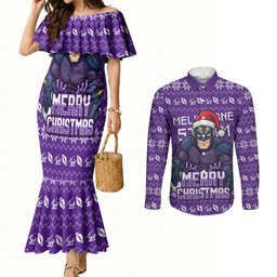 Personalized Melbourne Storm Christmas Couples Matching Mermaid Dress and Long Sleeve Button Shirt Australian Rugby Fans - Pixelated Ugly Xmas Pattern Mascot Santa