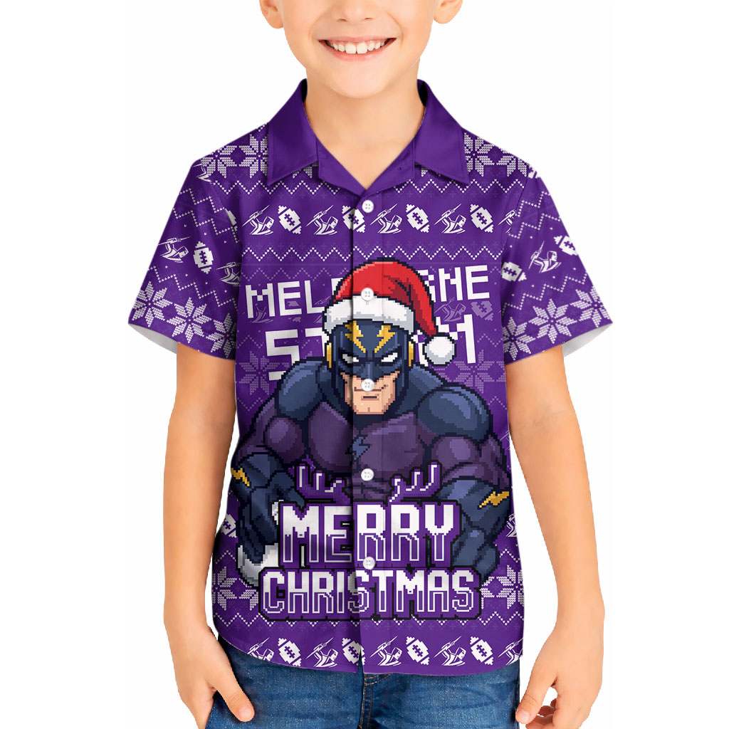 Personalized Melbourne Storm Christmas Kid Hawaiian Shirt Australian Rugby Fans - Pixelated Ugly Xmas Pattern Mascot Santa